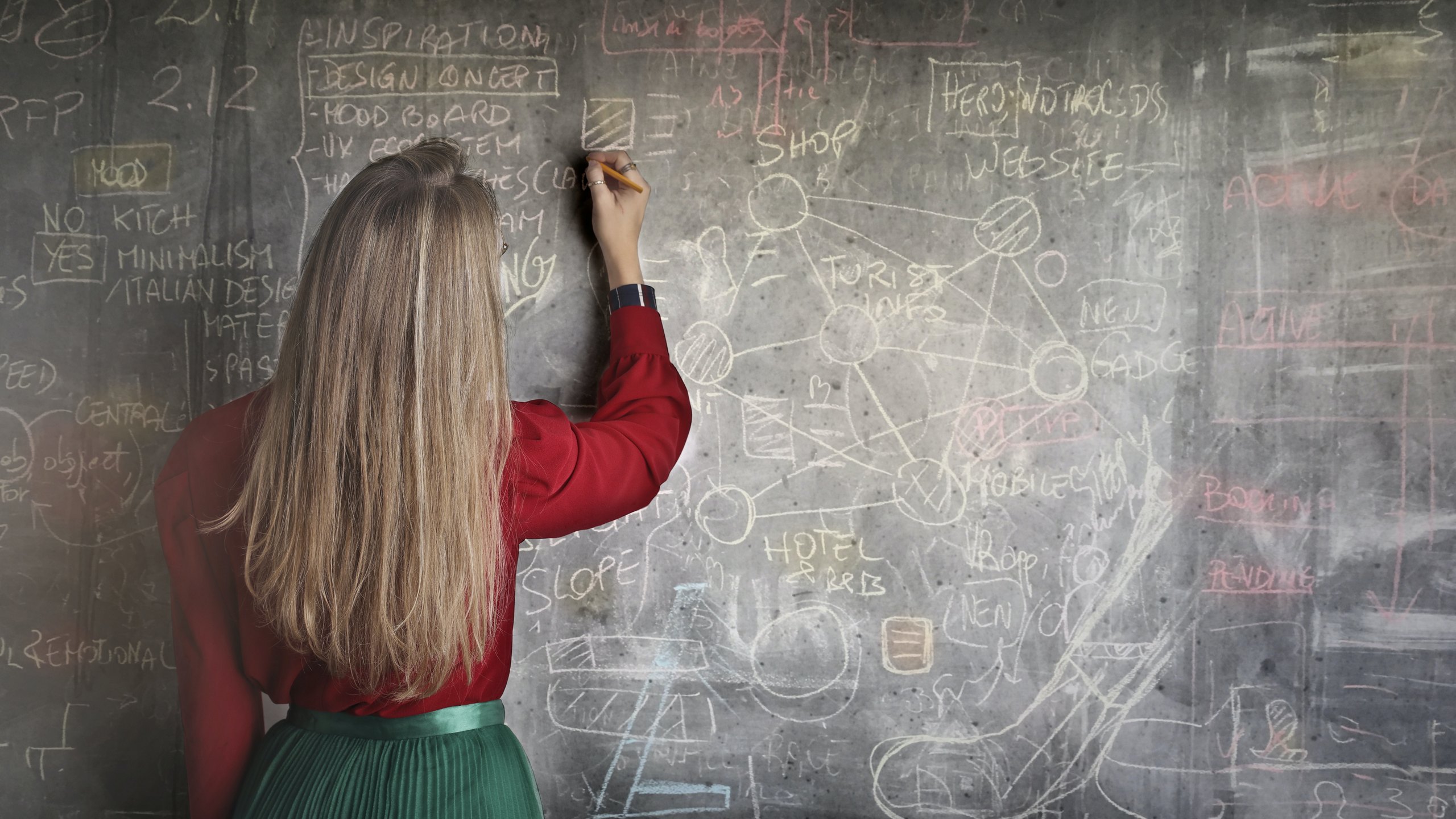 woman-in-red-long-sleeve-writing-on-chalk-board-